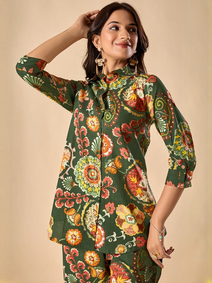 Women Green Printed Pure Cotton Shirt & Trousers Casual Co-Ord Set
