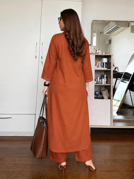 Cotton Blend Rust Shirt Collar Ethnic Wear