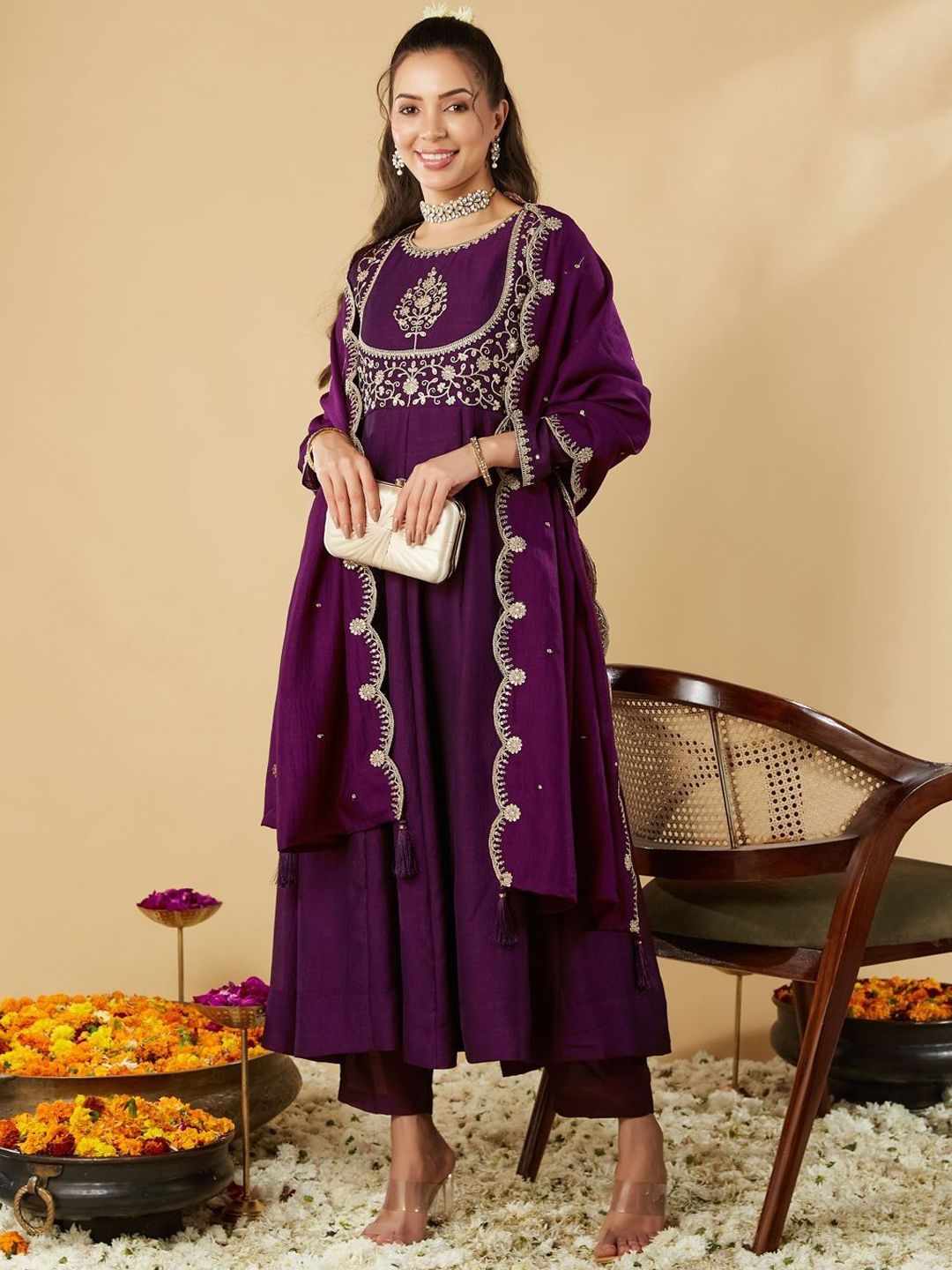 Women Woven Design Embroidered Anarkali Kurta with Trousers & Dupatta