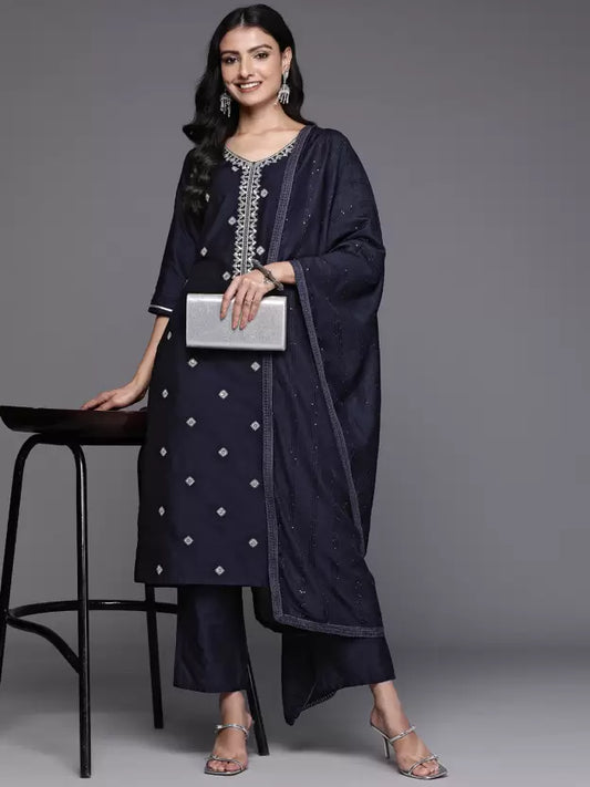 Women Blue Silk Blend Kurta Trouser Dupatta Set Special price