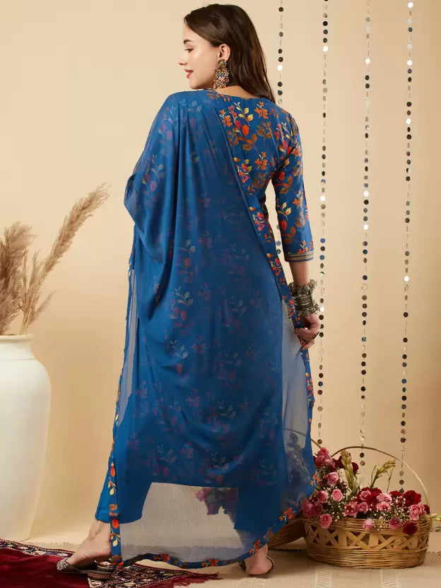 Women Blue Floral Cotton Blend Kurta Pant Dupatta Set