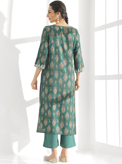 Green Ethnic Motifs Printed Thread Work Detailed Straight Kurta With Palazzo