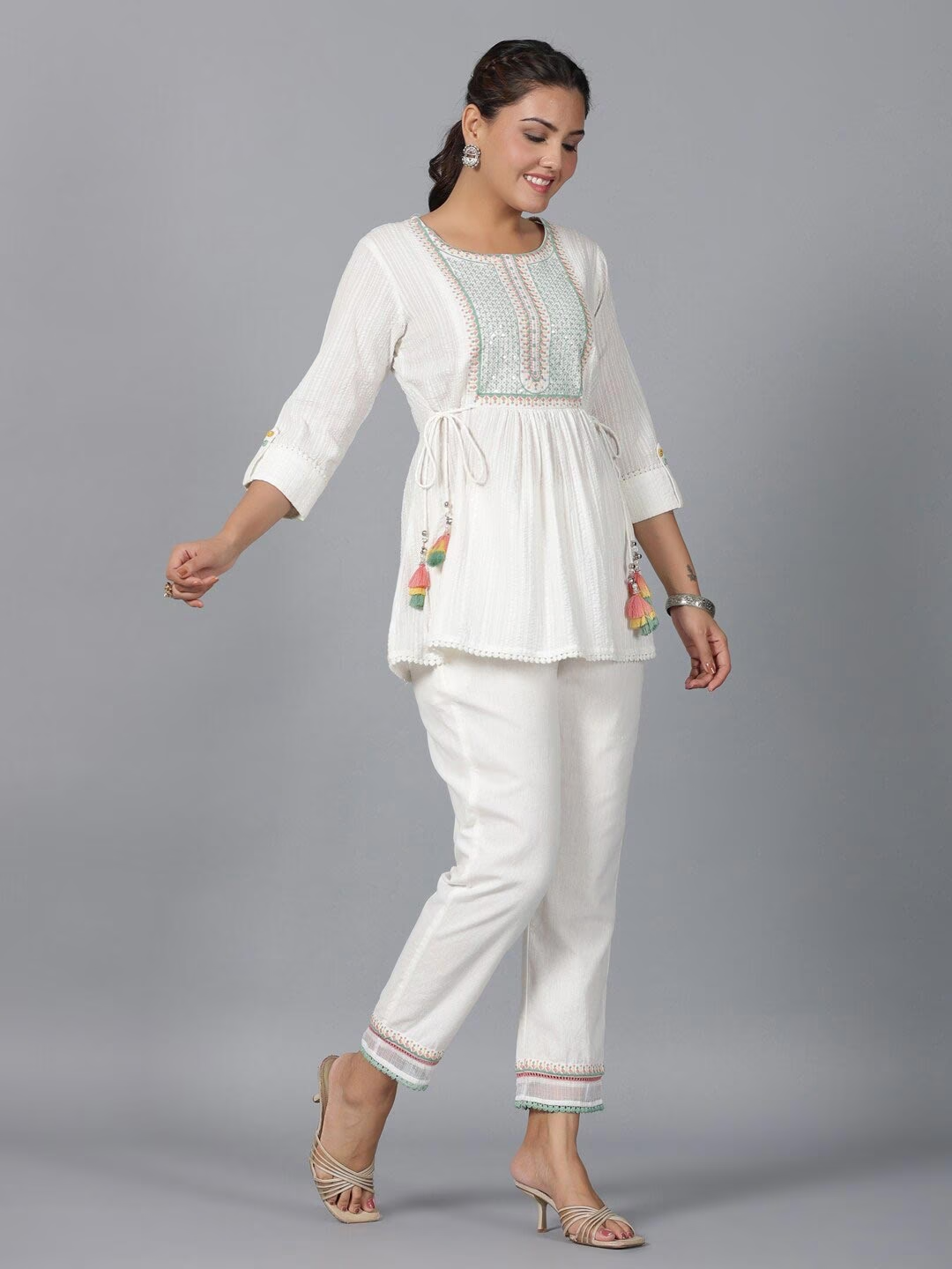 Embroidered Round Neck Three-Quarter Sleeve Co-Ords Set