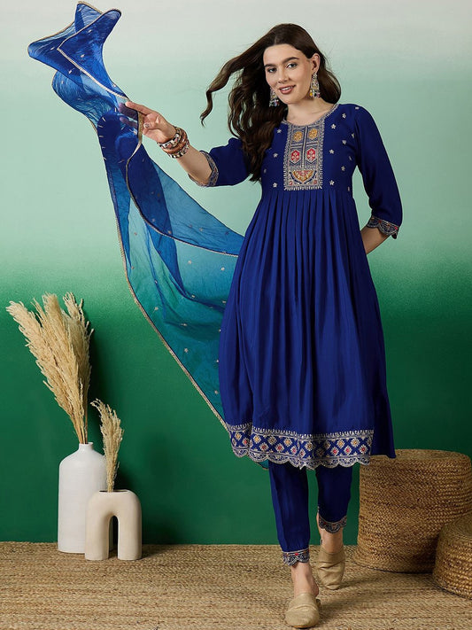 Floral Embroidered A Line Kurta With Pant & Dupatta