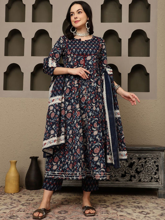 Navy Blue Floral Printed Pure Cotton Anarkali Kurta With Trousers & Dupatta