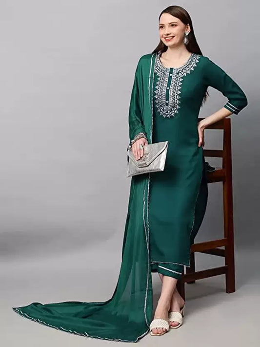 Women Green Viscose Rayon Kurta Pant Dupatta Set