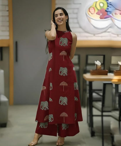 Elephant Print Sleeveless Kurta Palazzo set - Amy's Cart