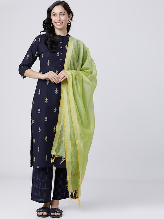 Women Navy Blue & Green Printed Kurta with Trousers & Dupatta