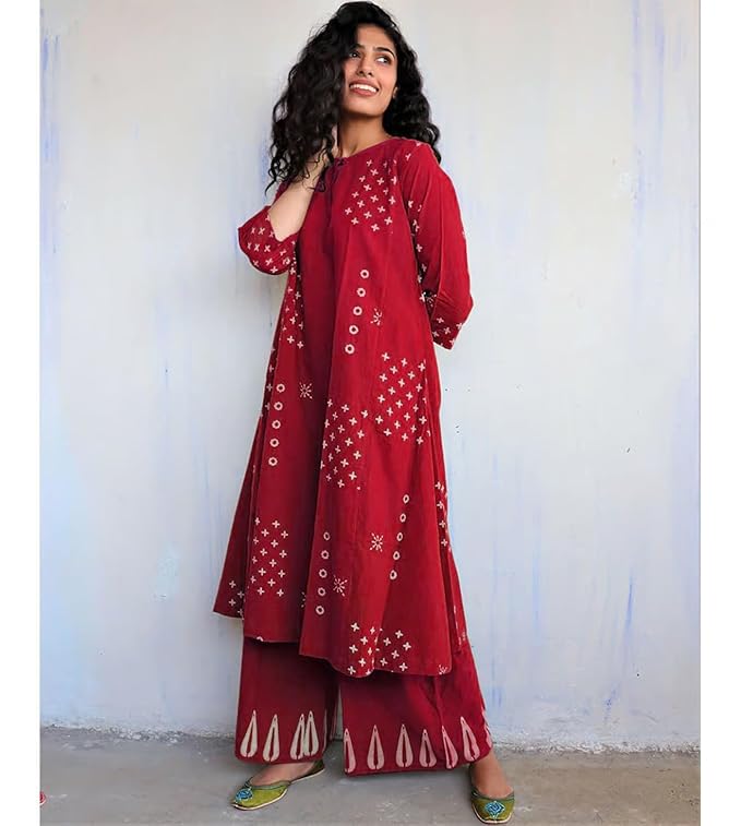 Red Cotton Kurta Palazzo Set
