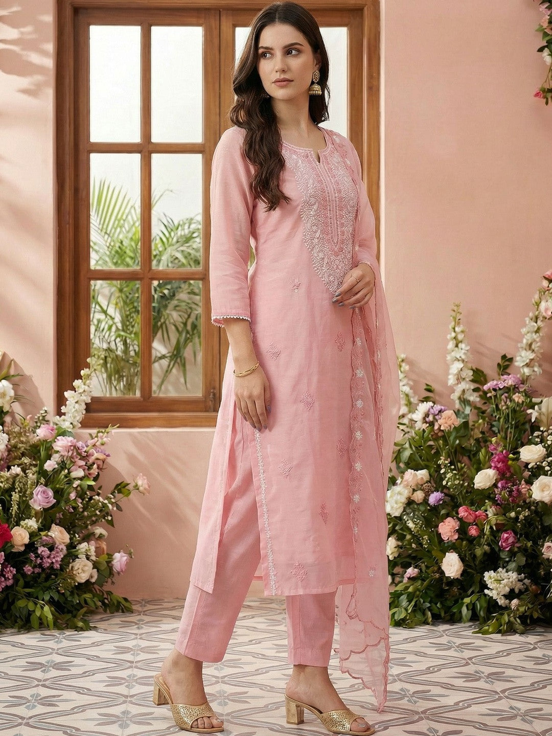 Women Ethnic Motifs Embroidered Regular Thread Work Kurta with Trousers & With Dupatta