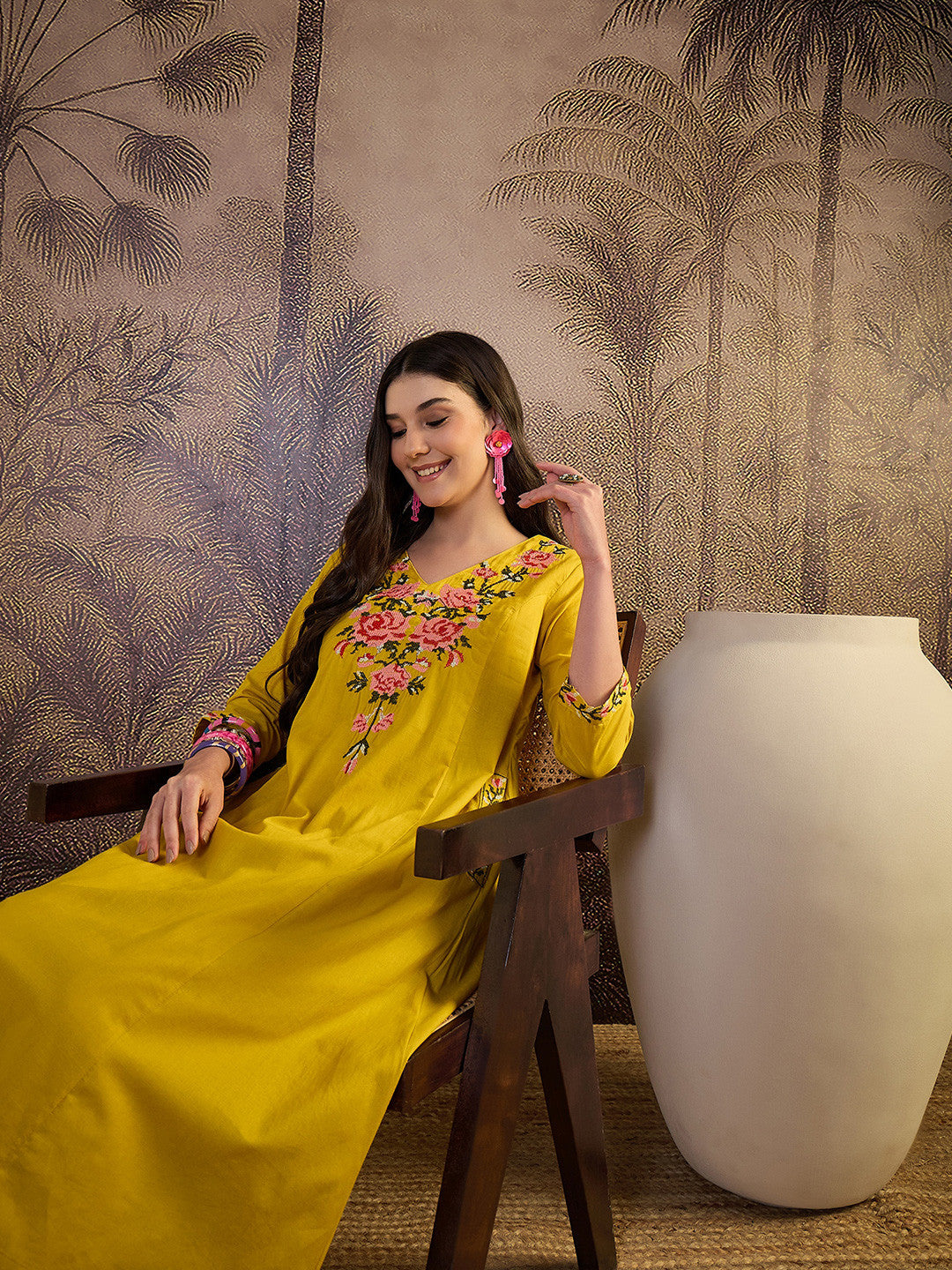 Women Floral Embroidered Regular Pure Cotton Straight Kurta with Palazzos - Amy's Cart
