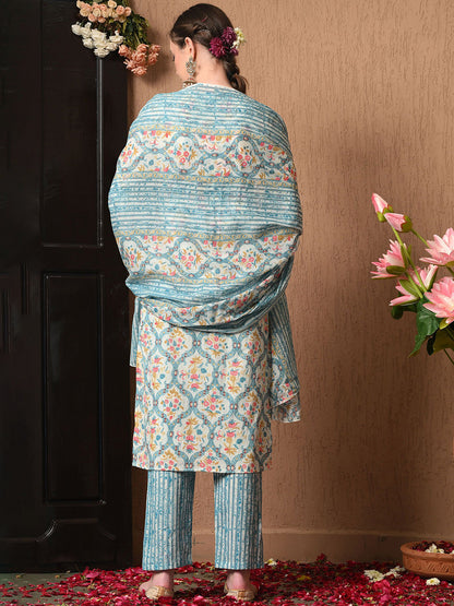 Women Floral Printed Regular Pure Cotton Kurta with Trousers & With Dupatta