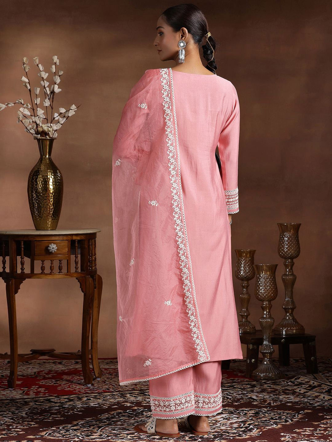 Floral Yoke Design Notch Neck Thread Work Straight Kurta With Trousers & Dupatta