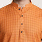 Men Orange Dobby Self-Checked Straight Kurta