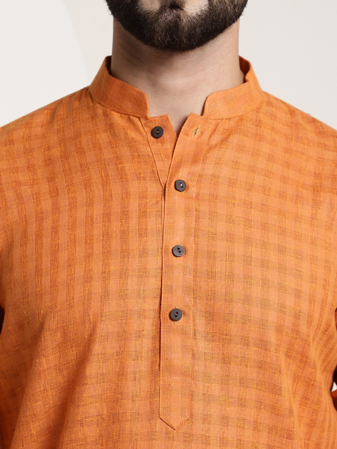 Men Orange Dobby Self-Checked Straight Kurta