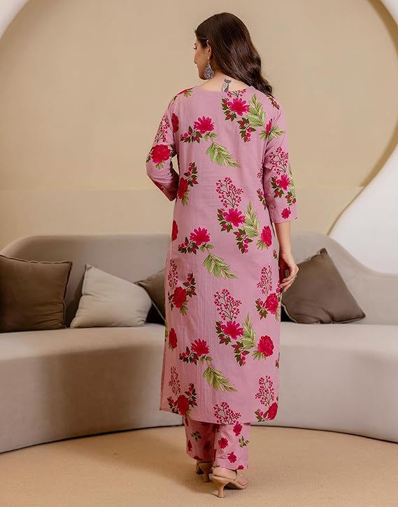 Women's Cotton Floral Printed Straight Kurta with Pant & Dupatta