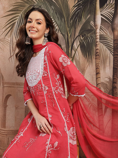 Floral Printed Sequinned & Thread Work Detail A-Line Kurta with Trousers & Dupatta - Amy's Cart