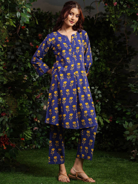 Floral Printed Mandarin Collar A-Line Pure Cotton Kurta With Trousers