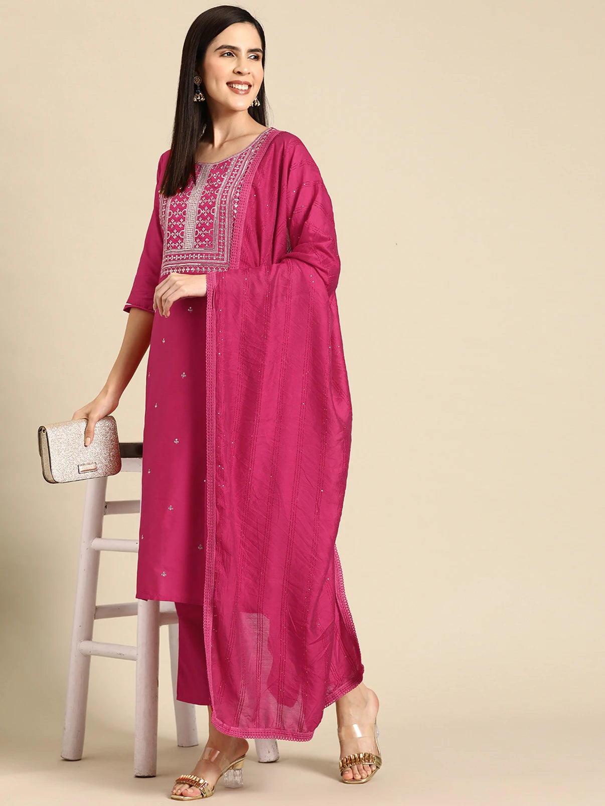 Women Silk Blend Kurta Pant Dupatta Set