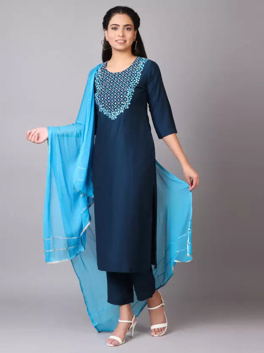 Women Art Silk Kurta Pant Dupatta Set