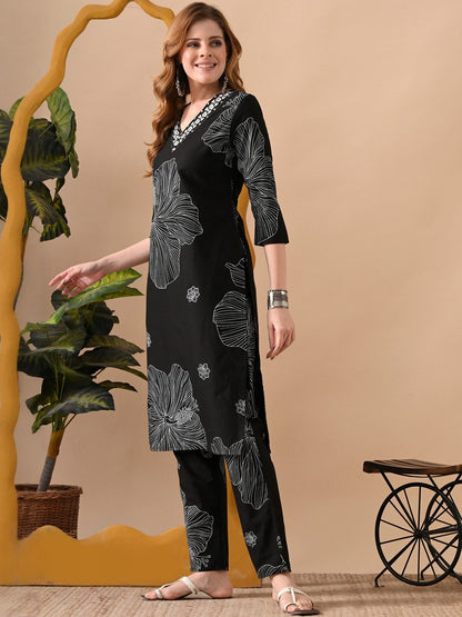 Women Floral Printed Regular Beads and Stones Pure Cotton Kurta with Trousers - Amy's Cart
