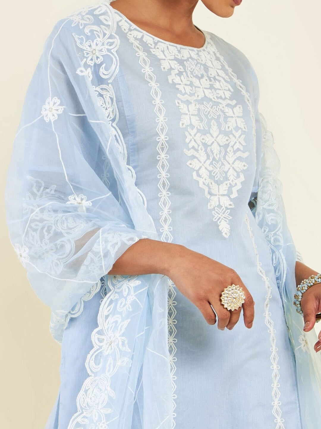 Floral Embroidered Panelled Kurta with Trousers & Dupatta