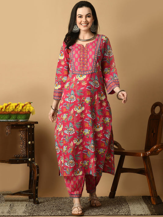 Floral Printed Straight Pure Cotton Kurta with Trousers