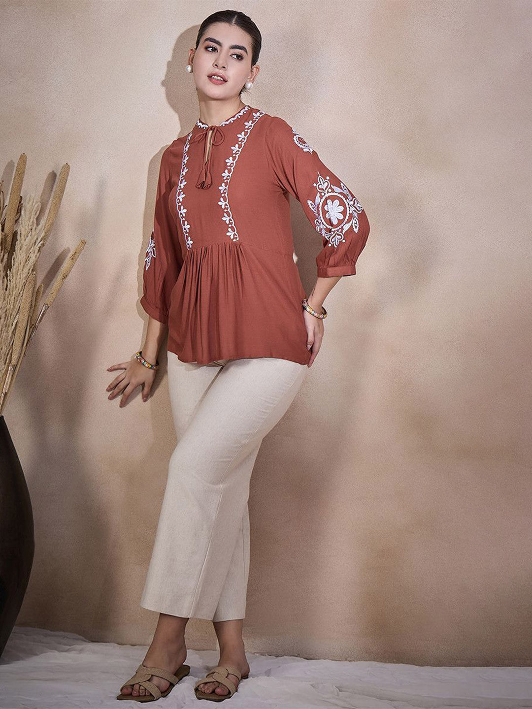 Women Embroidered Tie-Up Neck Empire Crop Top