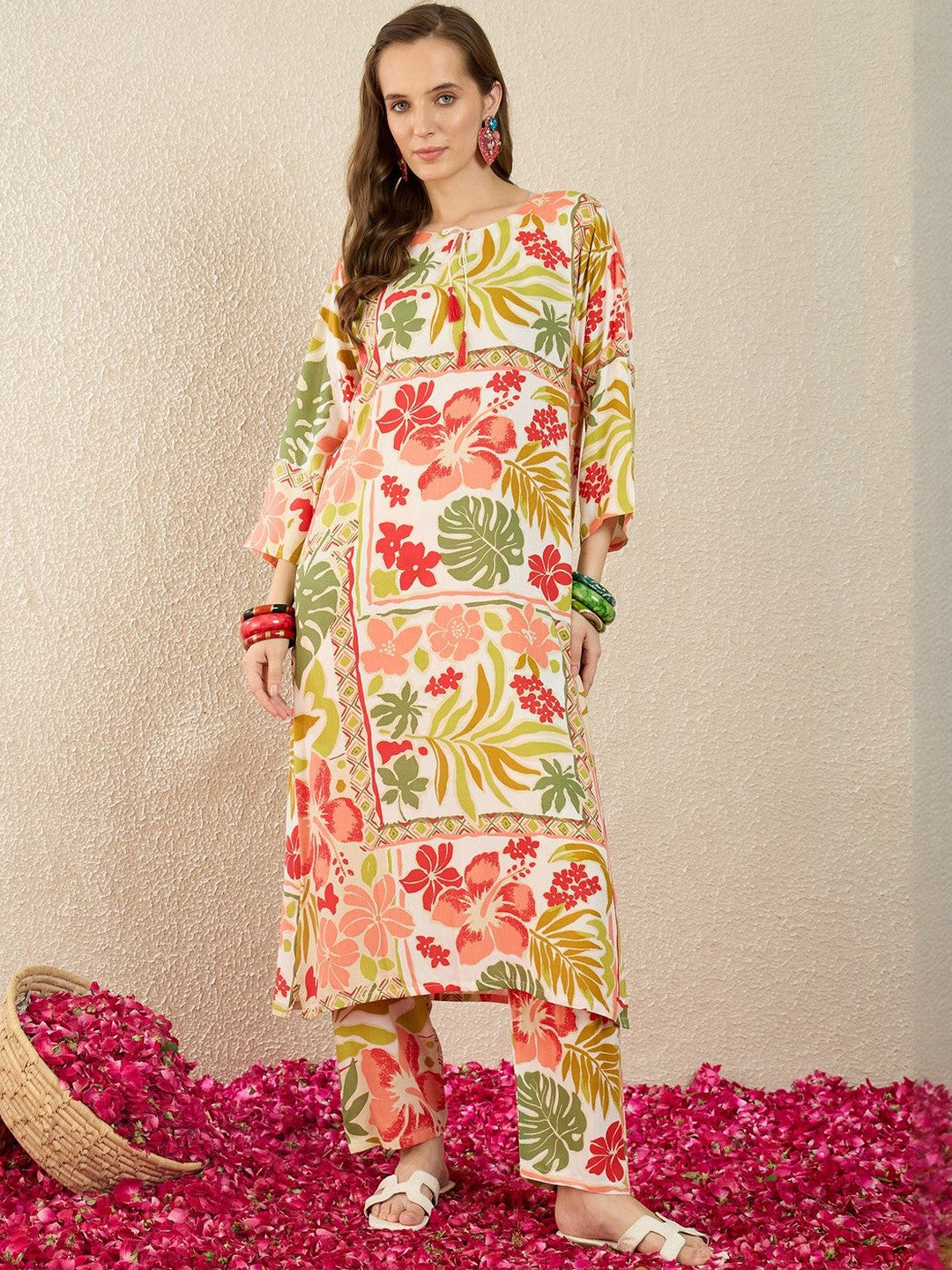 Floral Printed Round Neck Kurta With Trouser - Amy's Cart