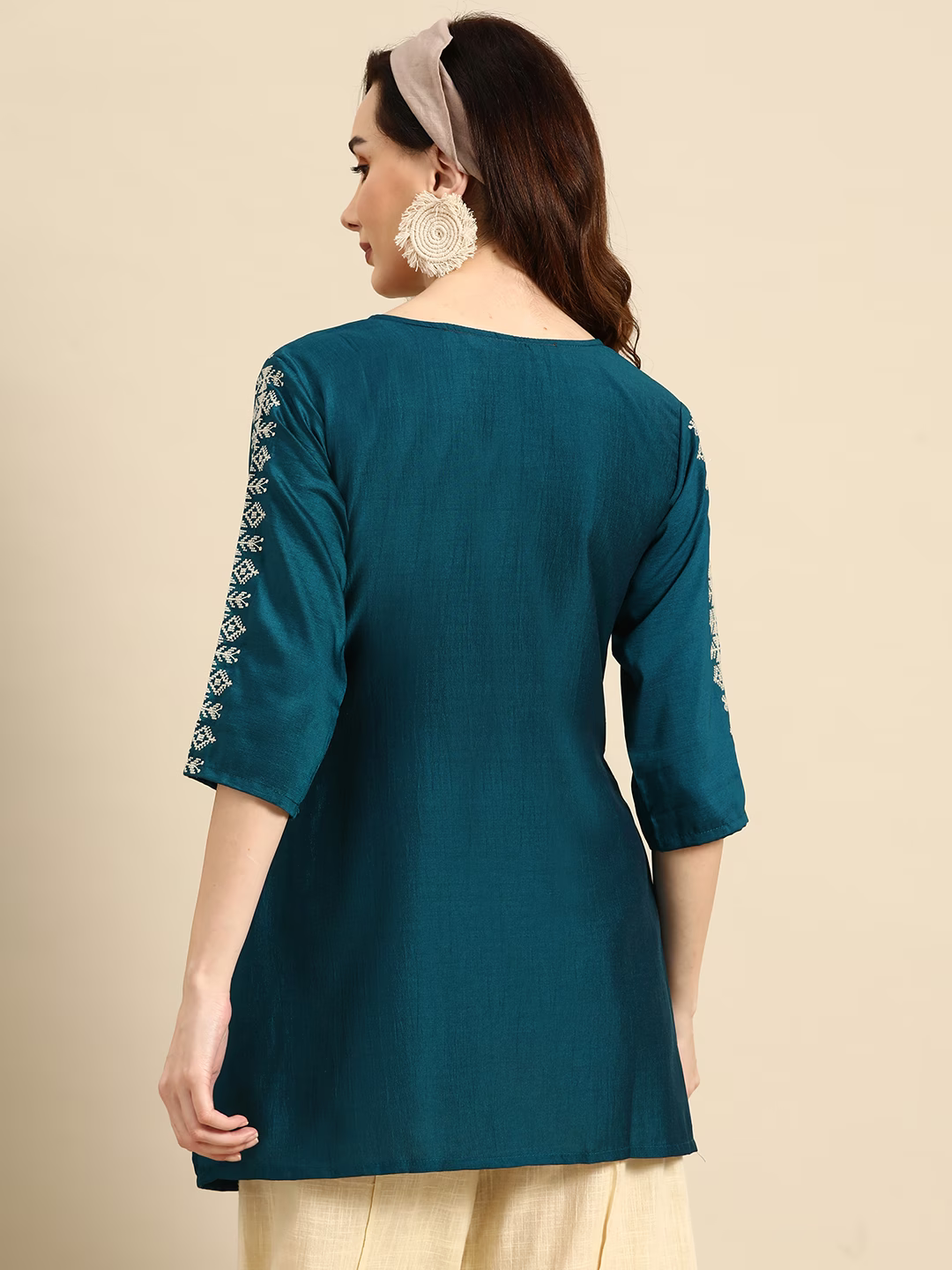 Teal Embroidered Cinched Waist Longline Top