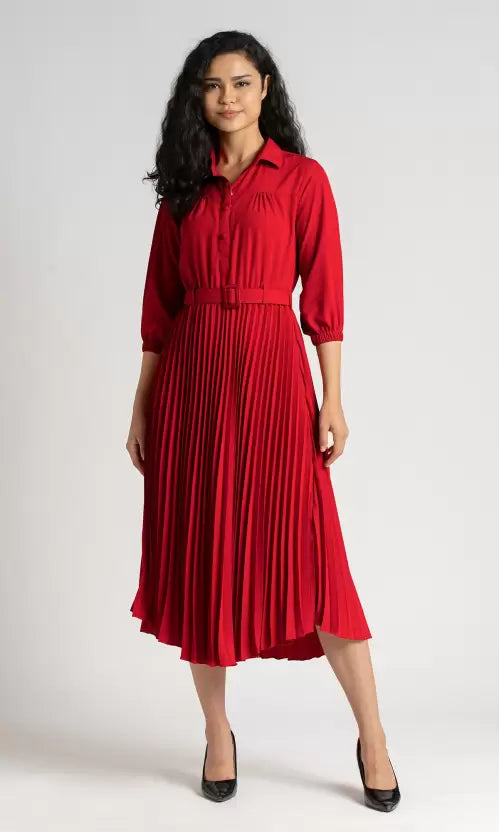 Women Trendy Pleated Red Dress