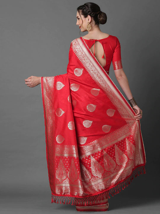 Red & Silver Tone Ethnic Woven Banarasi Silk Saree