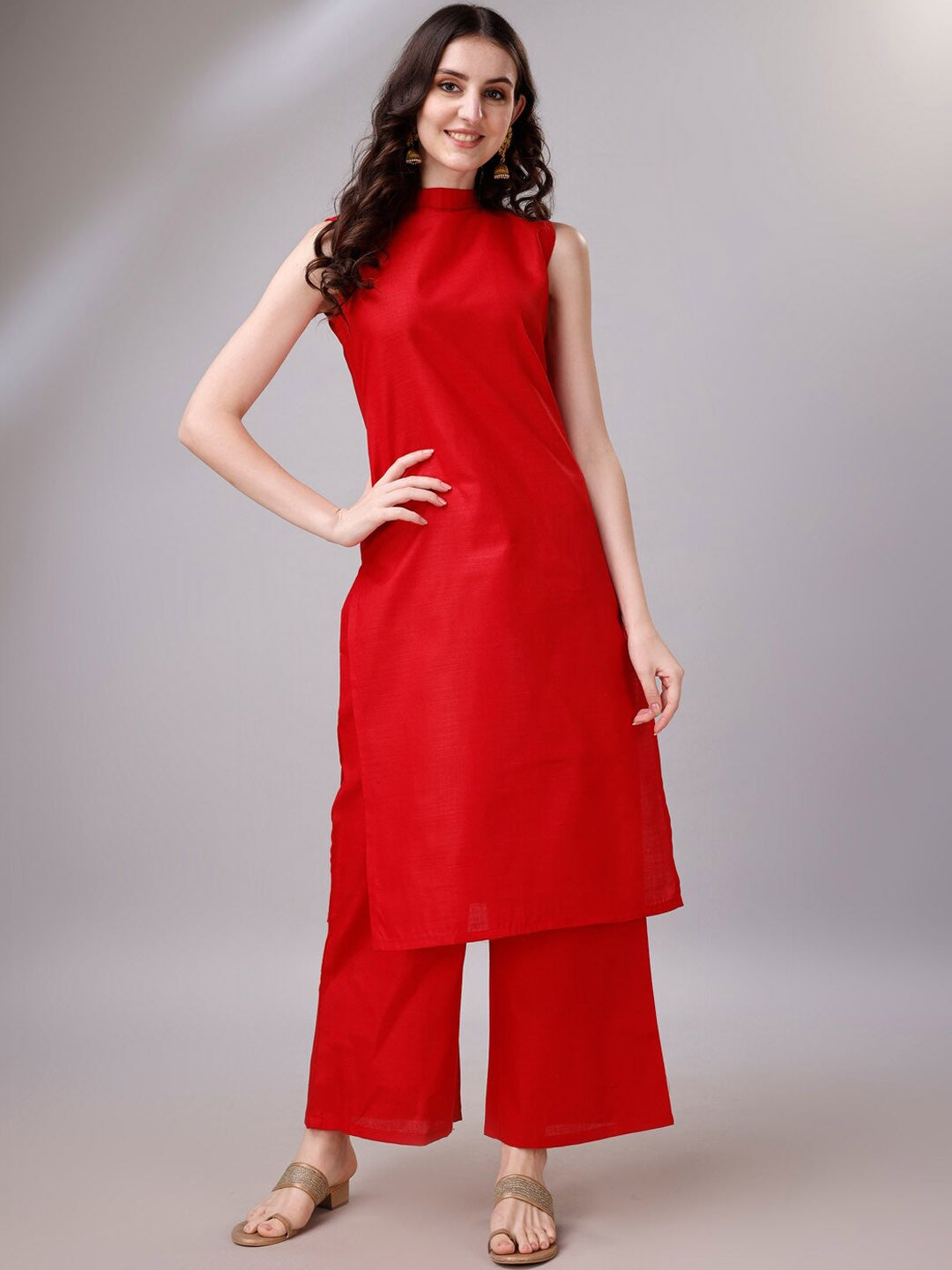 Woven Design High Neck Sleeveless Straight Kurta With Palazzos