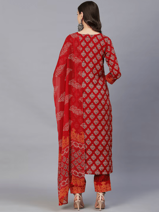 Ethnic Motifs Print Sweetheart Neck Regular Kurta With Trousers & Dupatta