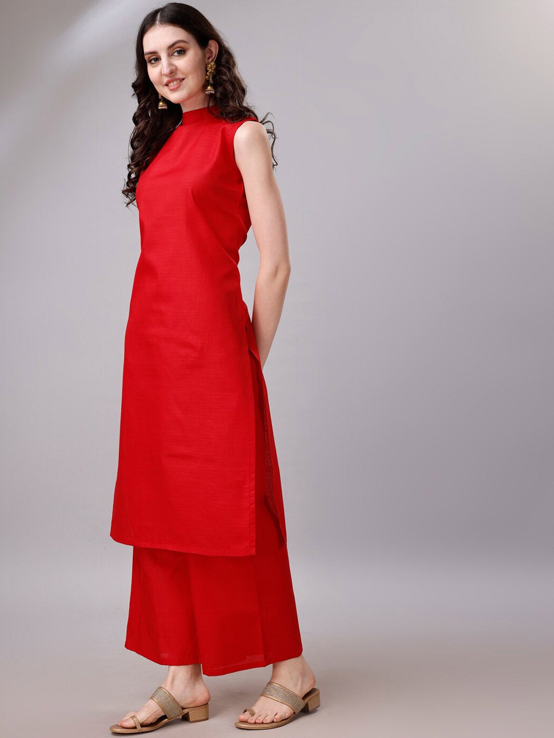 Woven Design High Neck Sleeveless Straight Kurta With Palazzos