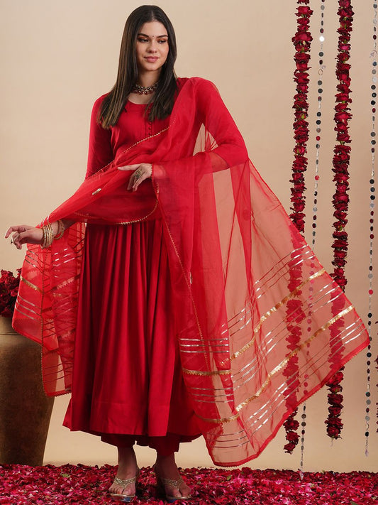 Round Neck Regular Anarkali Kurta with Trousers & Dupatta