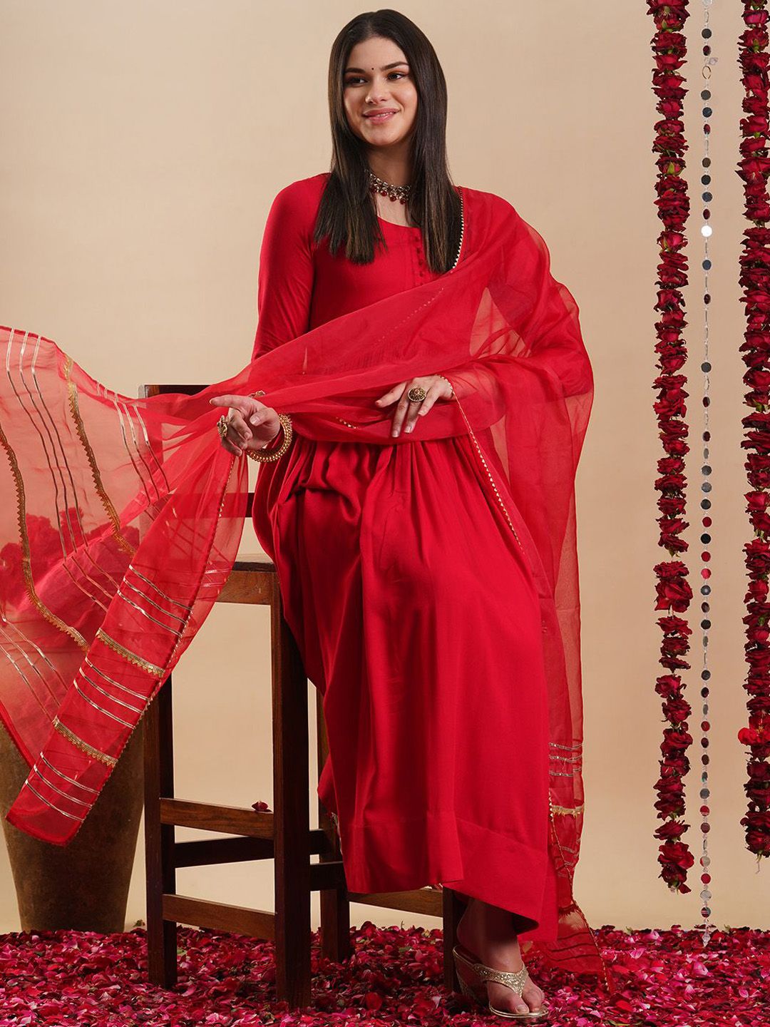 Round Neck Regular Anarkali Kurta with Trousers & Dupatta