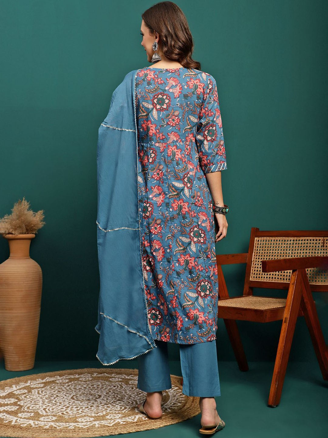 Floral Printed Gotta Patti Notch Neck Anarkali Kurta With Trousers & Dupatta