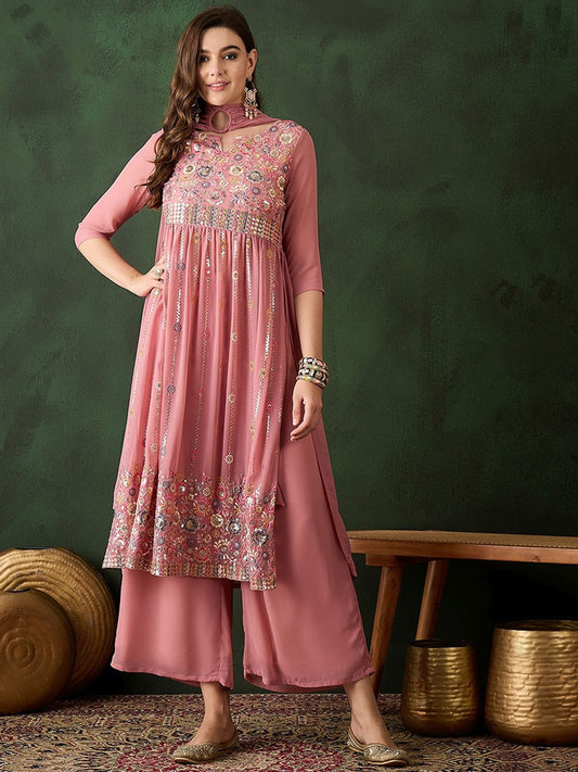 Embroidered Kurta & Trousers With Dupatta