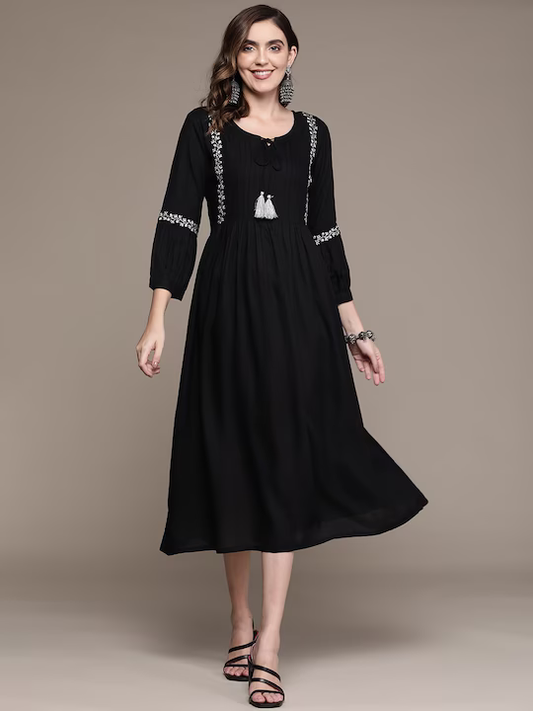 Black Ethnic Motifs Embroidered Ethnic A-Line Midi Dress