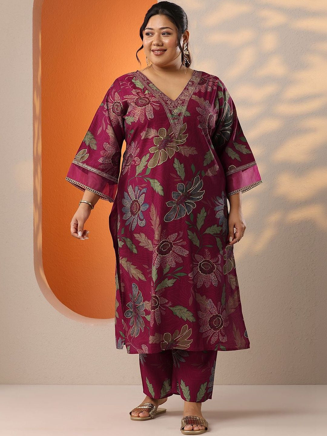 Plus Size Floral Printed Regular Thread Work Kurta with Palazzos