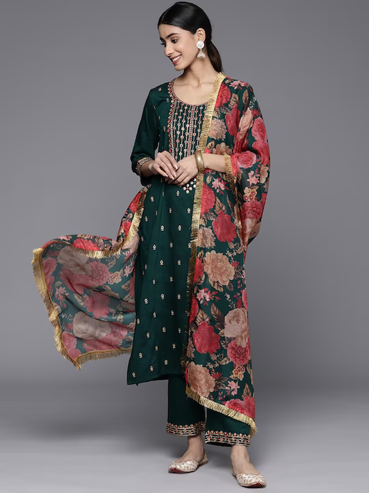 Ethnic Motifs Embroidered Sequinned Kurta With Trousers & With Dupatta