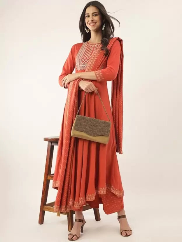 Women Orange Viscose Rayon Kurta Palazzo Dupatta Set