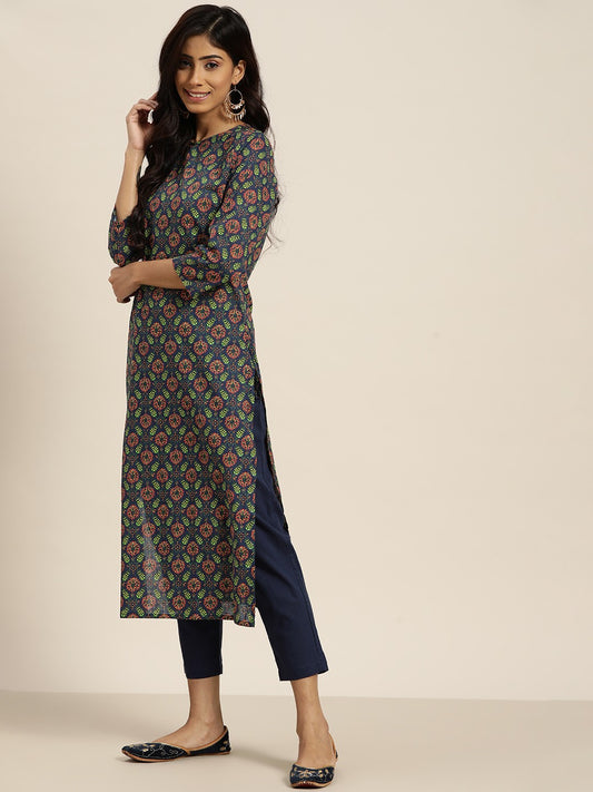 Women Navy Blue & Red Motifs Regular Cotton Straight Kurta with Trousers