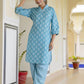 Women Blue Cotton Blend Kurta Pyjama Set