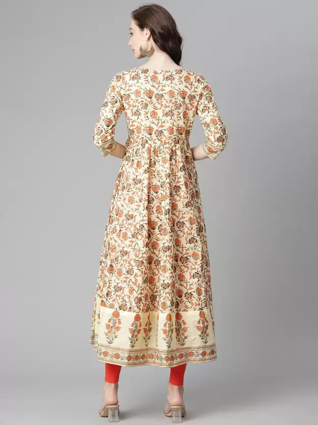 Women Navy Blue & Orange Printed Kurta Set