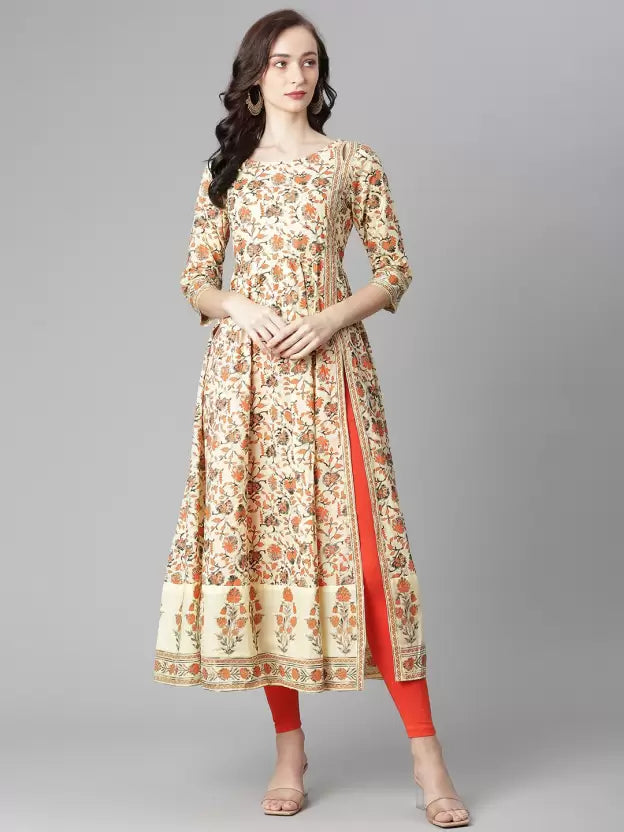 Women Navy Blue & Orange Printed Kurta Set