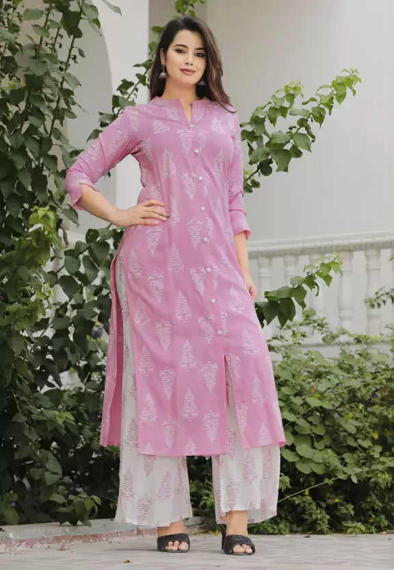 Women Pink Viscose Rayon Kurta Palazzo Set