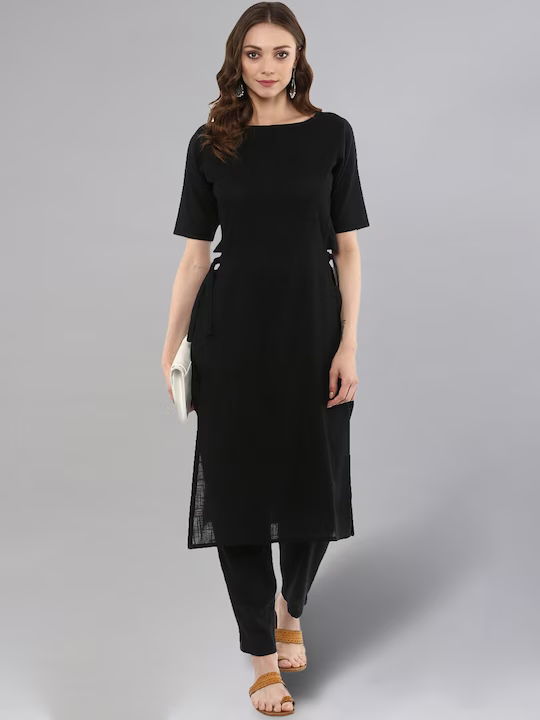 Women Black Solid Kurta with Trousers