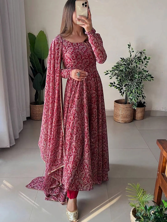 Paisley Printed Gotta Patti Anarkali Kurta with Trousers & With Dupatta